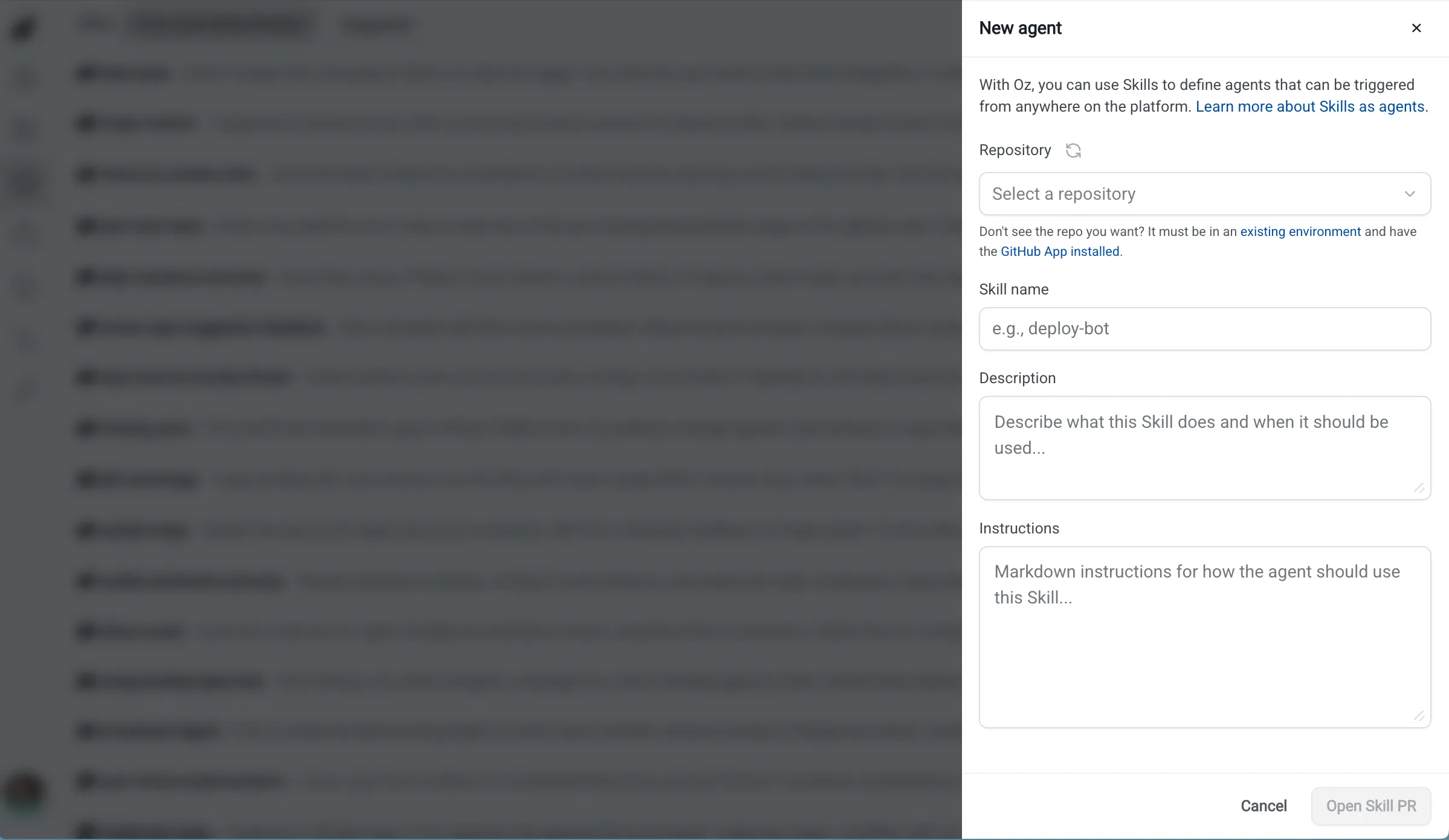 Creating a skill for agents in the Oz web app.